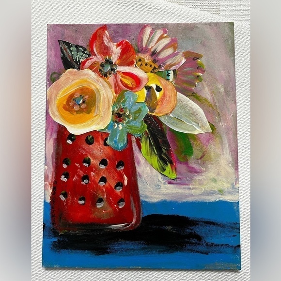 Original Art Painting Mixed Media Acrylic Collage on Canvas Board Red Floral - Picture 9 of 12